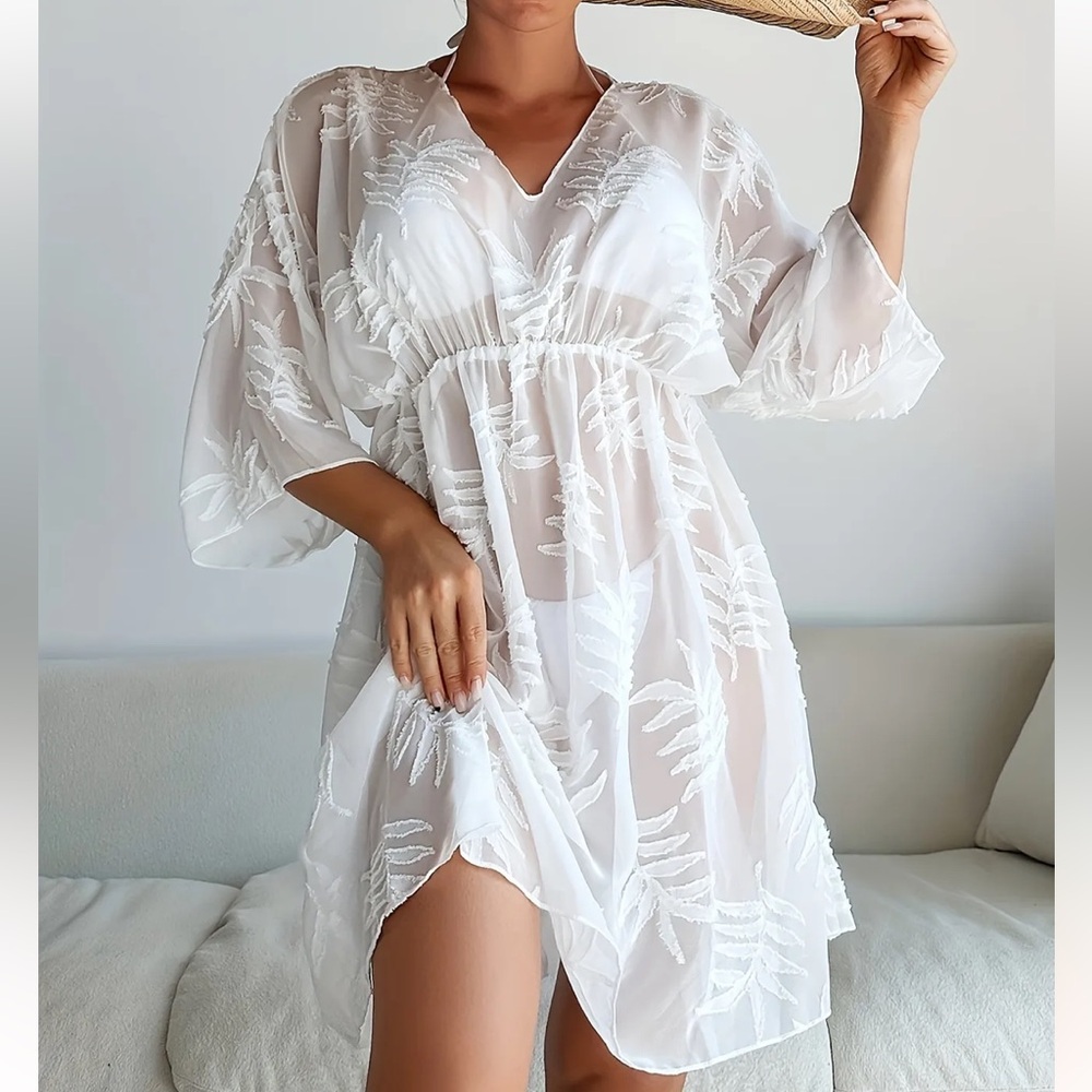 White Leaf Print Embroidered Beach Cover-Up Dress - Picture 3 of 5